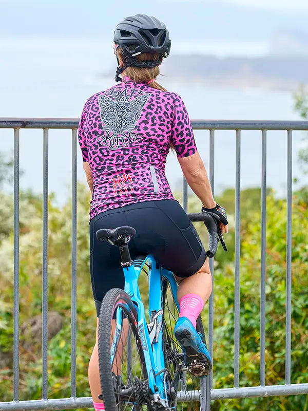 Kitty Pink Women's Cycling Jersey on model back  | Cycology USA