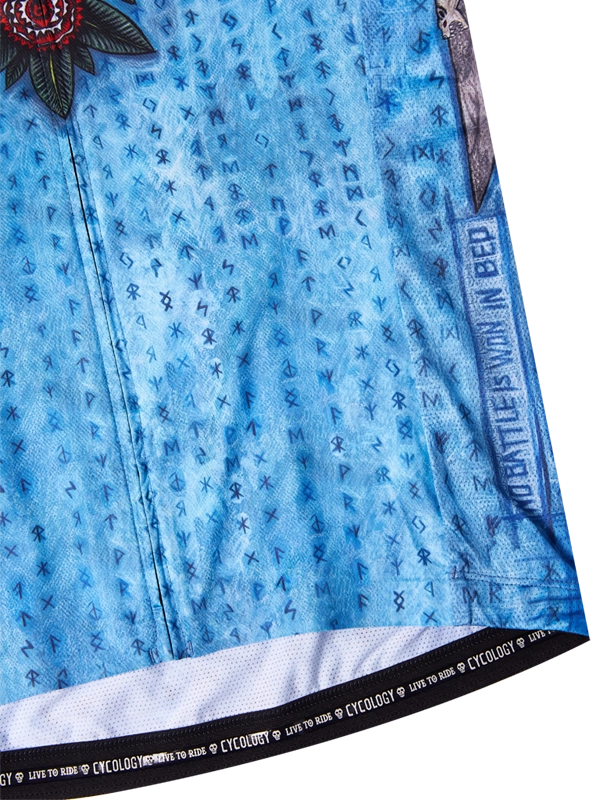 Blue men's cycling jersey with wolf and rose design