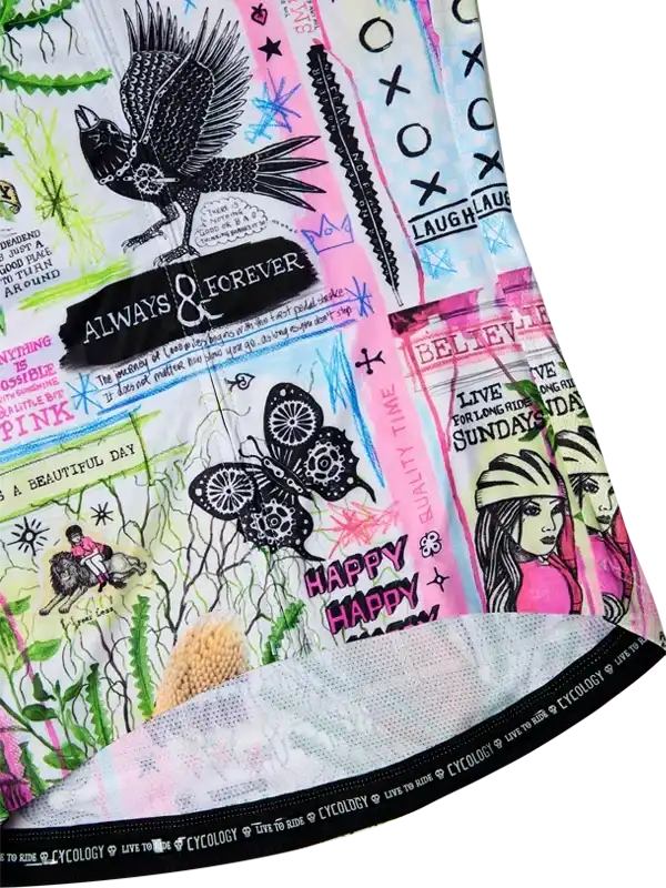 Colorful cycling jersey with bold graphics, including a crow, butterfly, and motivational phrases for riders.