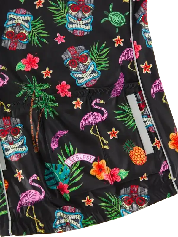 Tropical-themed cycling jersey with flamingos, palm trees, and vibrant flowers on black fabric
