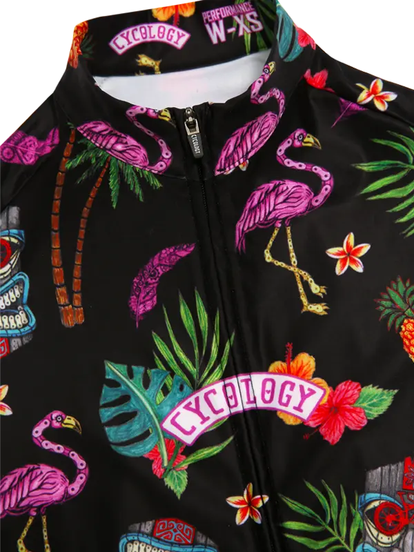 Molokai Black Women's Winter Long Sleeve Cycling Jersey with colorful flamingo and tropical leaf designs on a black background