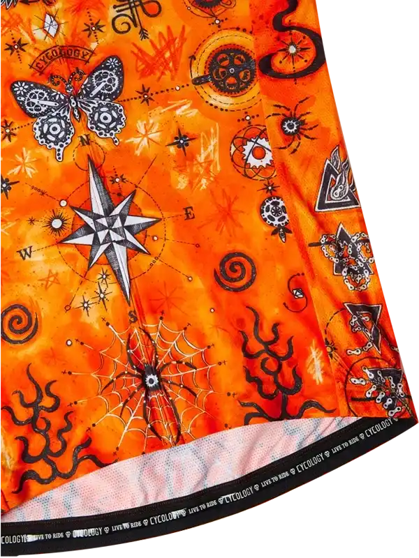 Vibrant orange cycling jersey with butterfly, compass, and spiderweb designs for men and women