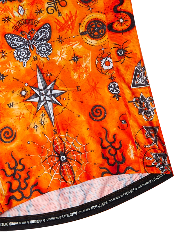 Orange men's cycling jersey with black and white designs