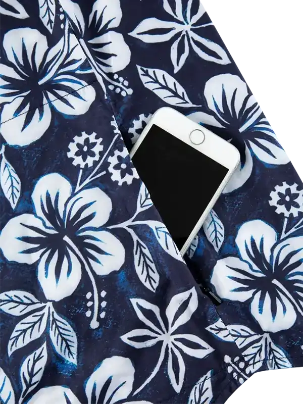 Navy blue cycling shorts with white floral print and phone pocket