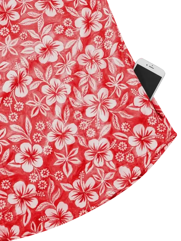 Red floral cycling jersey with phone pocket, featuring white hibiscus print and functional design for riders.