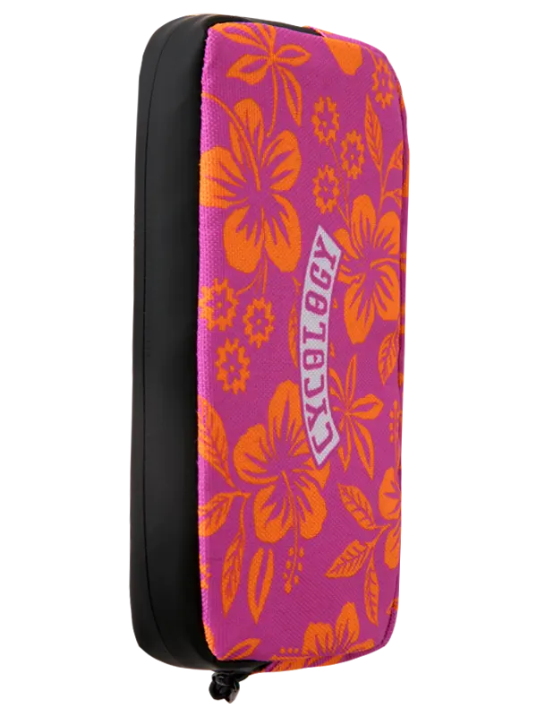 A zippered cycling wallet with a vibrant pink and orange floral pattern, featuring a white arched patch that reads 'CYCLOLOGY' in pink lettering.