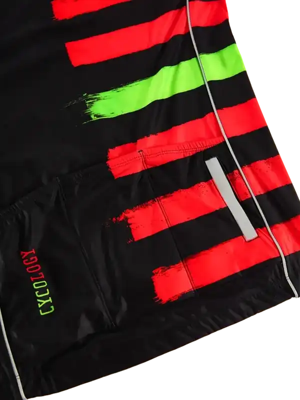 Black cycling shorts with bold red and green stripes, reflective strip, and brand logo