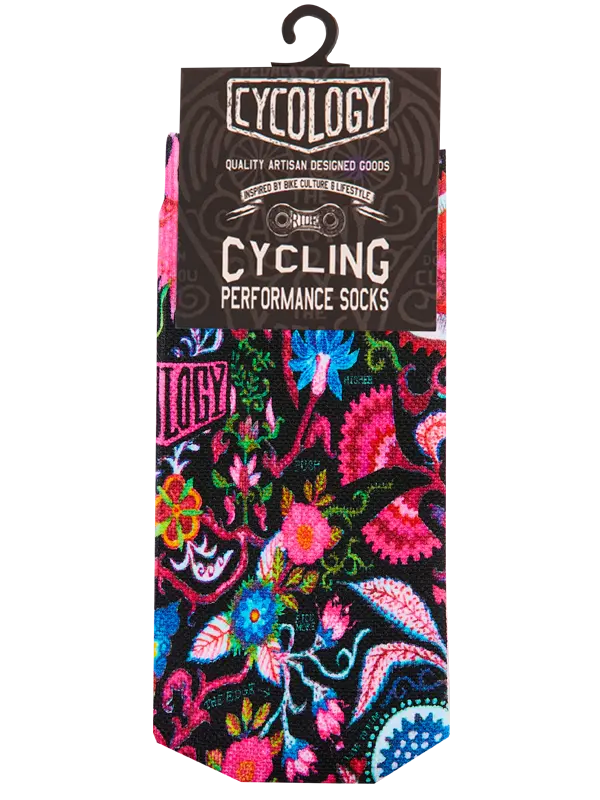 Packaged Floral cycling sock rear view with Cycology branding