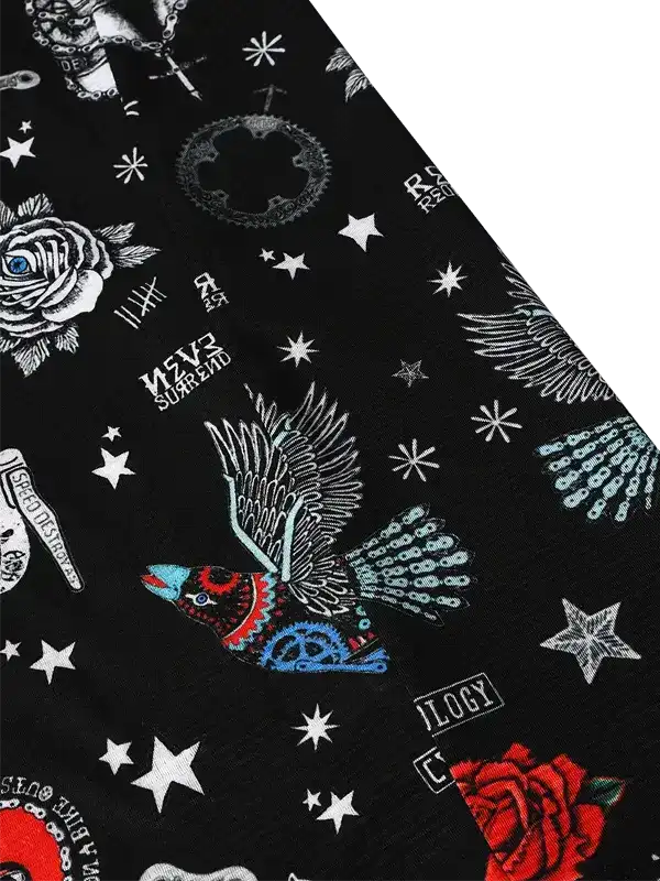 Black cycling jersey with bold bird, roses, stars, and chain motifs in vibrant colors for men and women.