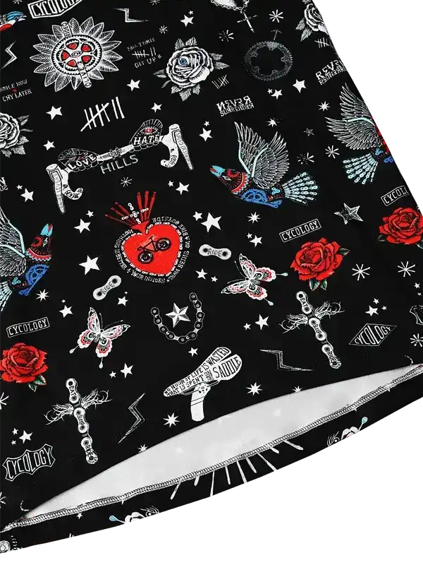 Black cycling jersey with red roses, birds, stars, and bike-themed graphics for men and women
