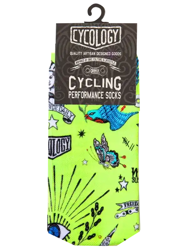 Bright neon green cycling performance socks with colorful tattoo-style designs and stars