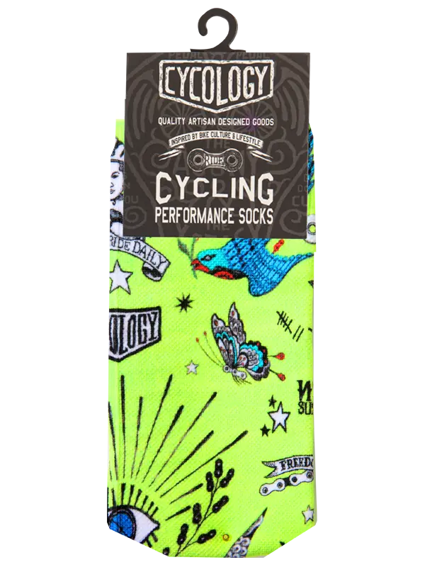 Tattoo Lime Cycling Socks Packaging | Cycology USA