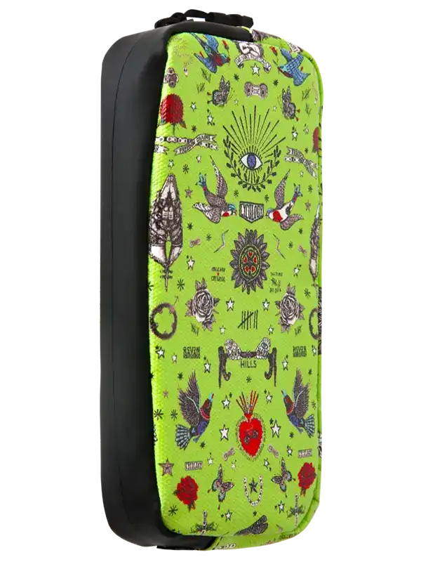 Green Cycology cycling wallet featuring various colorful tattoo-style illustrations.