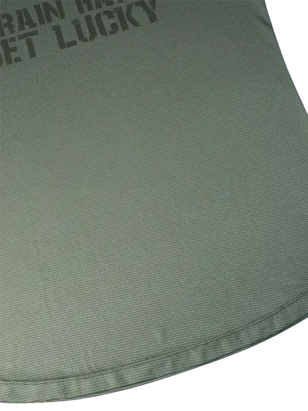 Olive green cycling jersey with 'TRAIN HARD GET LUCKY' print, breathable fabric detail