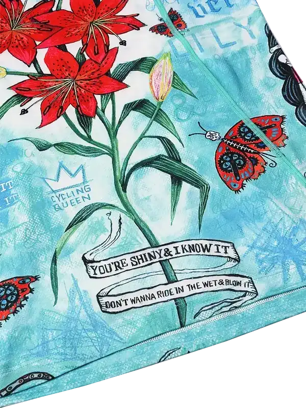 back view of floral design, text, and butterfly illustration on a blue background