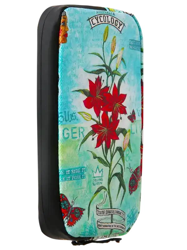 Tiger Lily Cycling Wallet by Cycology Clothing featuring red floral patterns and butterflies.