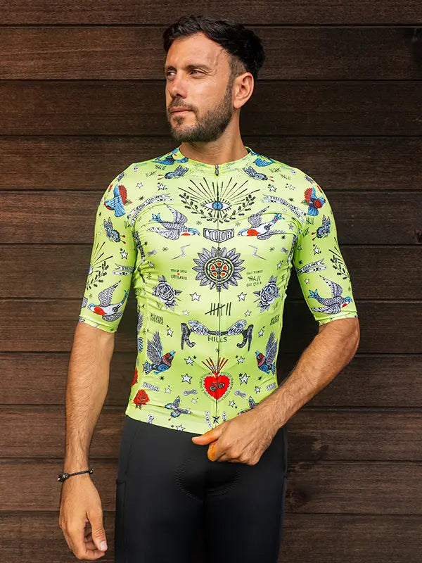 Tattoo Green Men's Reborn Jersey on model  | Cycology USA