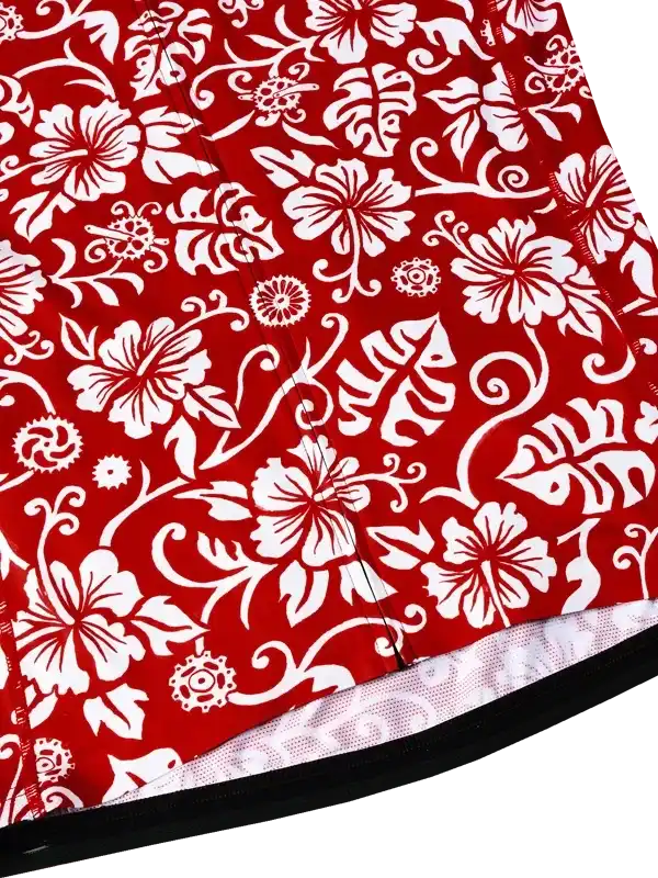 Red cycling jersey with white hibiscus floral pattern, breathable fabric, women's bike wear