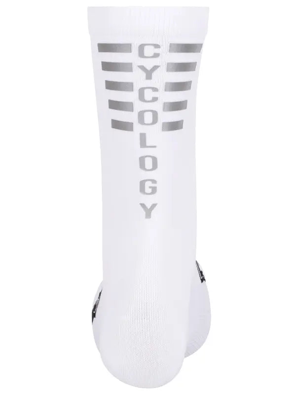 White cycling sock with rear reflective 'CYCOLOGY' branding