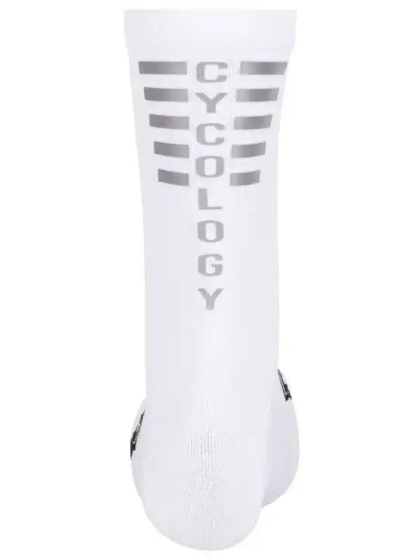White cycling sock with gray CYCOLOGY logo, designed for men's and women's bike rides