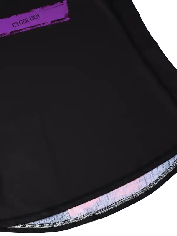Black cycling jersey with purple Cycology logo and reflective hem detail