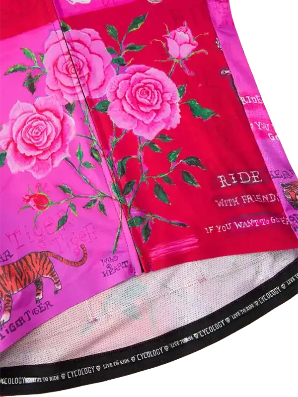 Pink rose and tiger print cycling jersey with 'Ride With Friends' slogan, breathable fabric