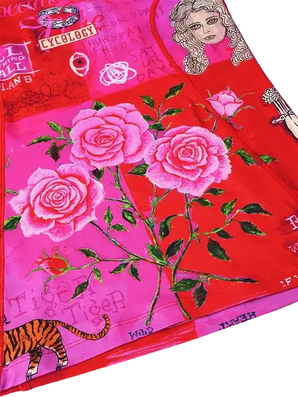 Vibrant pink rose floral print cycling jersey with tiger graphic, bold red background, and artistic design details
