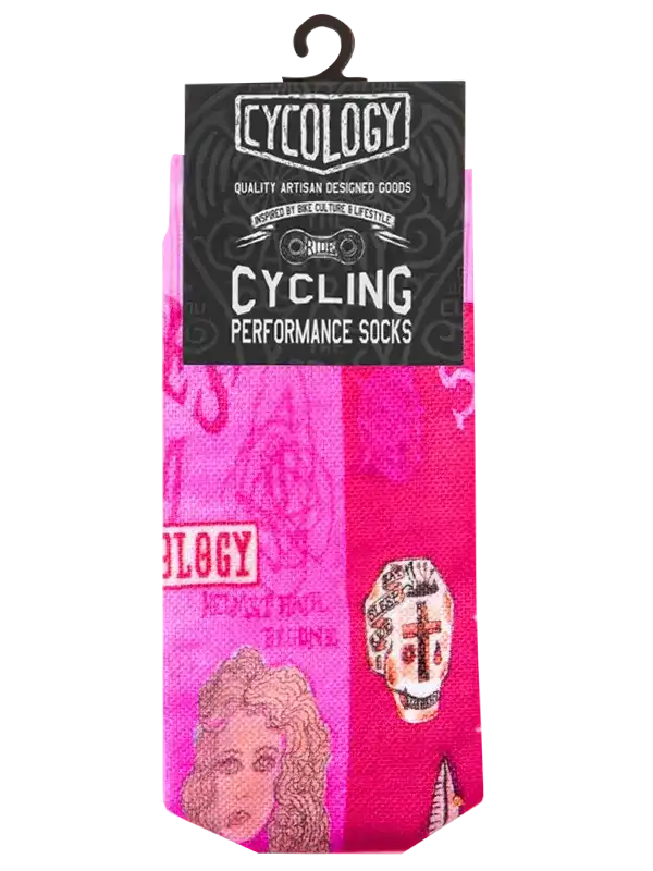 Pink cycling performance socks with skull and vintage art designs, ideal for bike culture enthusiasts.