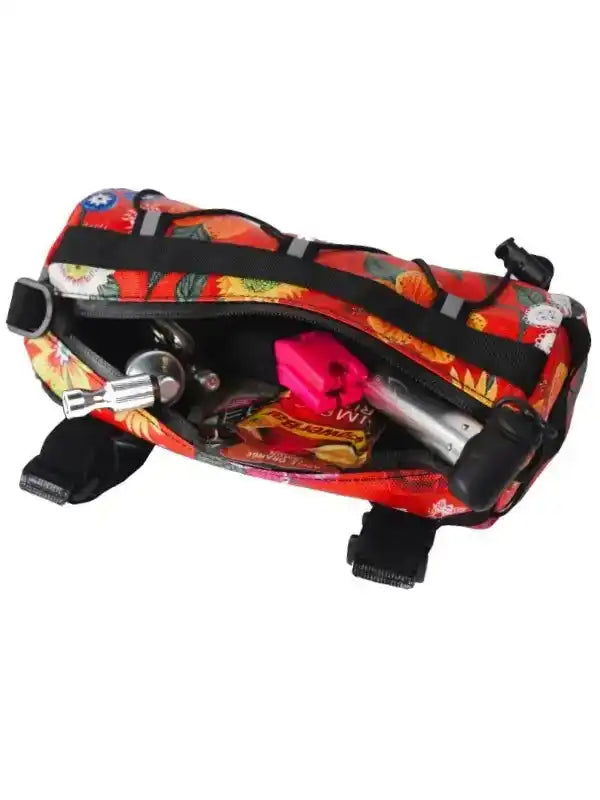 Colorful floral cycling frame bag with tools and snacks inside, perfect for bike rides