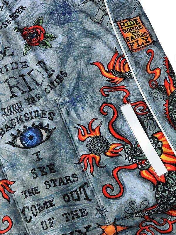 Men's cycling shorts with bold dragon, rose, and eye graphics, featuring 'Ride Where Eagles Fly' text
