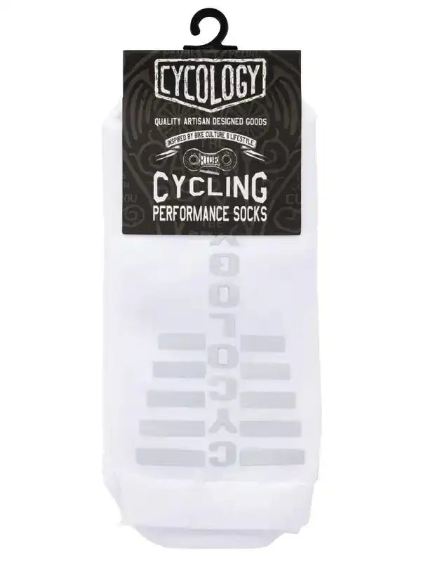 White cycling performance socks with gray logo, packaged for men's and women's bike rides