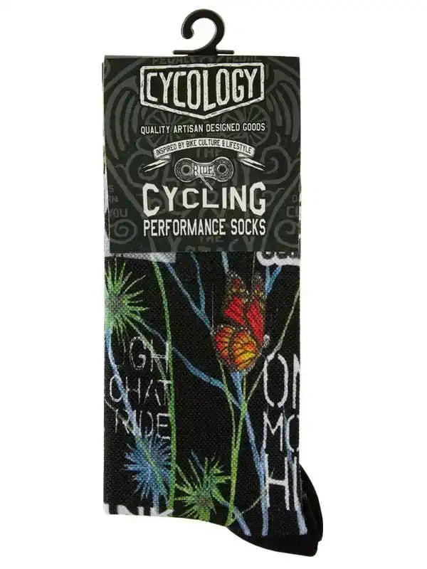 Cycling performance socks with butterfly and plant print, artisan designed for bike culture