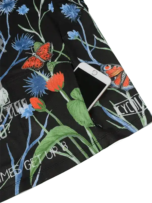 Black cycling shorts with blue flowers, orange butterflies, and phone pocket, featuring 'CYC' print