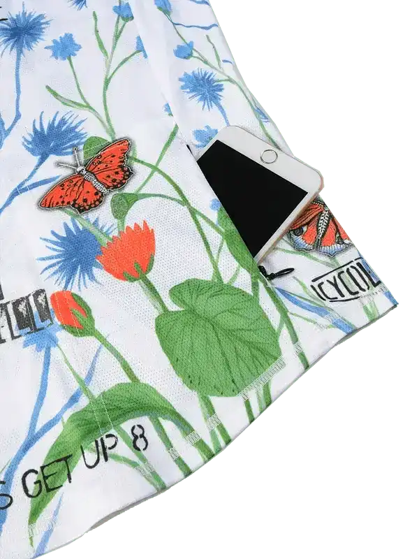 Floral cycling jersey with butterfly print, phone pocket, and 'GET UP 8' text on breathable fabric