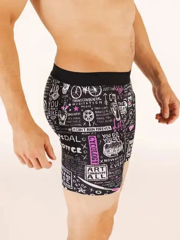 Men's cycling shorts with bold graphic print, featuring motivational phrases and bike-themed designs for active riders.