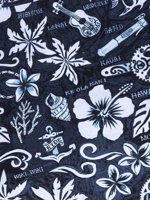 Hawaiian-themed cycling fabric with hibiscus, ukulele, and anchor designs on dark background