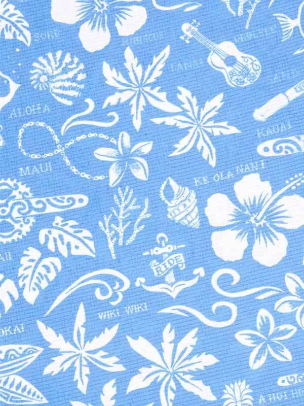 Blue cycling fabric with white tropical hibiscus, palm leaves, ukulele, and Hawaiian words like Aloha and Maui