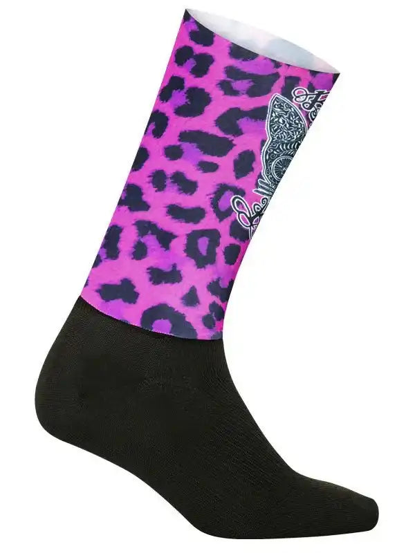 Vibrant pink leopard print cycling sock with black toe and heel, featuring a decorative butterfly design.