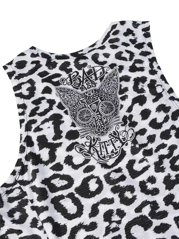 Women's leopard print cycling tank top with 'Bad Ass Kitty' graphic and bike wheel design