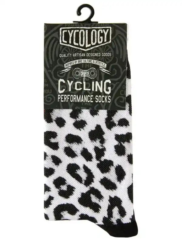 Black and white leopard print cycling performance socks with branded packaging
