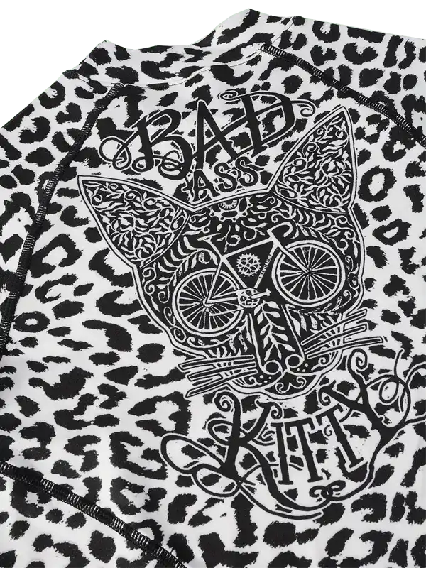 Leopard print cycling jersey with 'Bad Ass Kitty' graphic and bike design