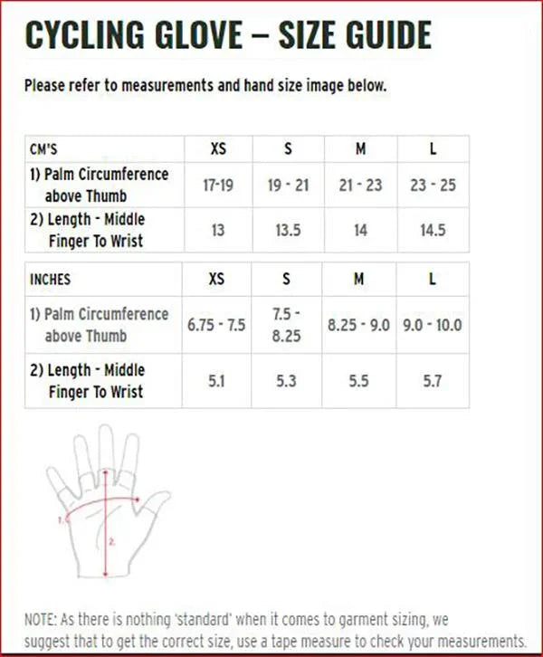 Cycling glove size chart with hand measurements in cm and inches for accurate fit
