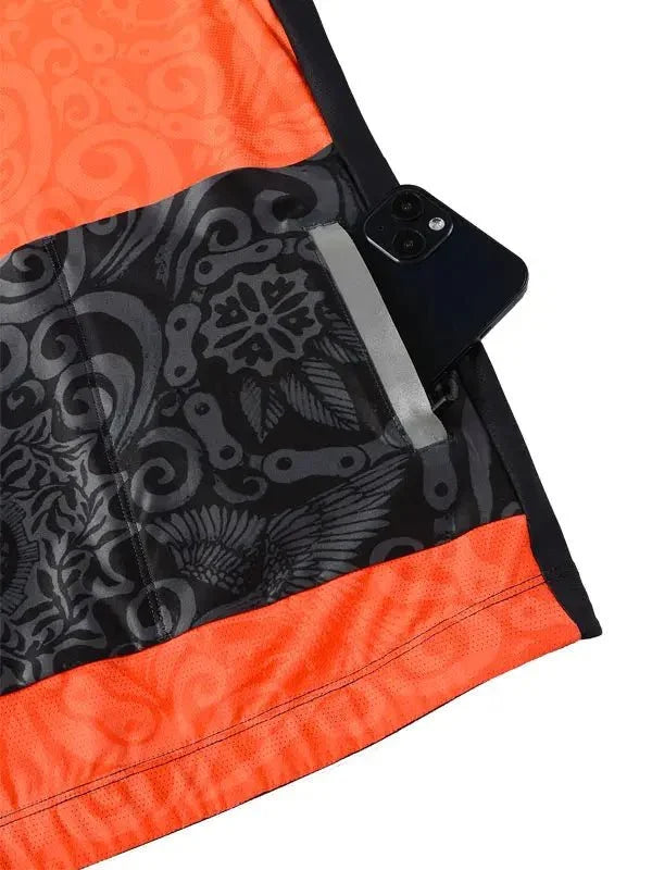 Orange and black cycling jersey with phone pocket and reflective strip