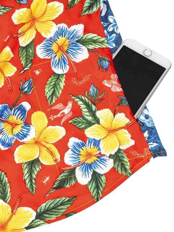Vibrant red cycling jersey with tropical hibiscus print, featuring phone pocket for convenience