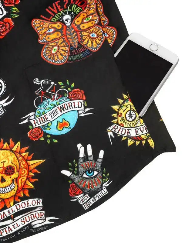 Black cycling jersey with bold tattoo-style graphics, skulls, butterflies, and 'Ride the World' text