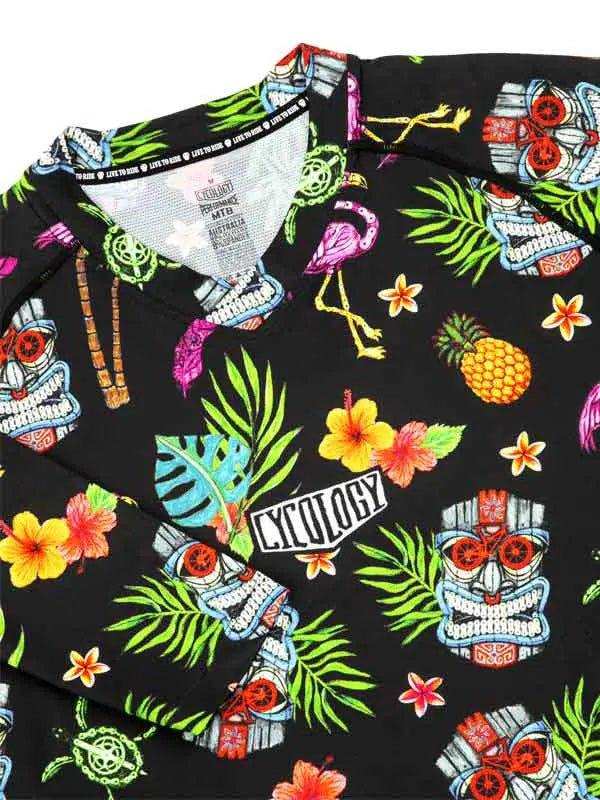 Black cycling jersey with tropical flamingo, pineapple, and tiki skull print for men and women