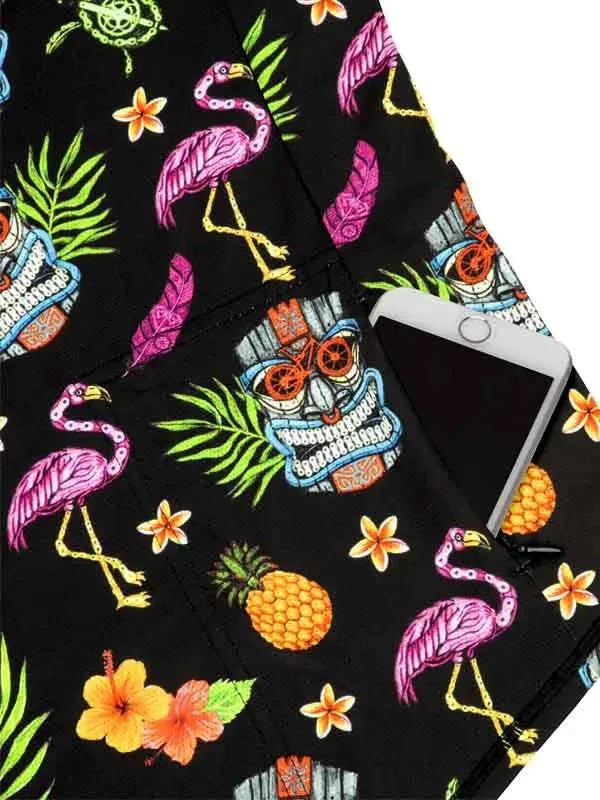 Tropical flamingo and pineapple print cycling shorts with phone pocket