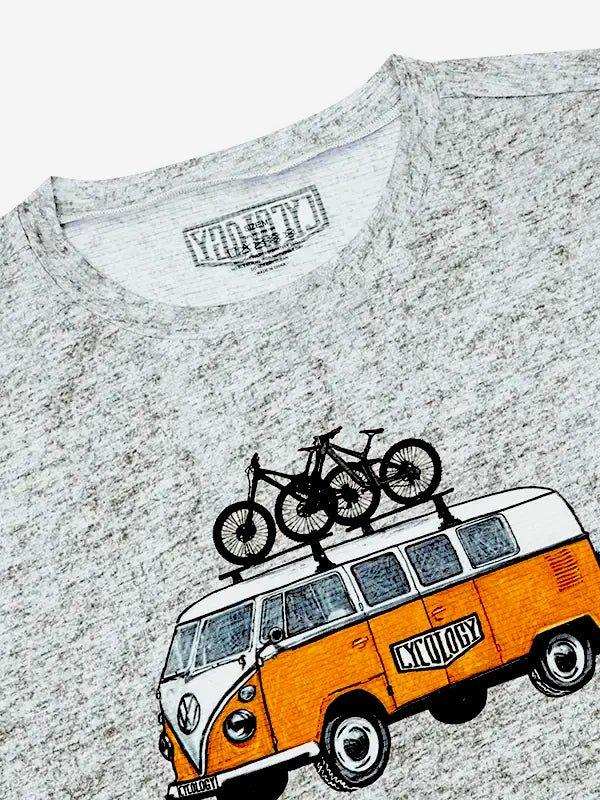 Grey t-shirt with vintage van and bikes graphic, cycling apparel design