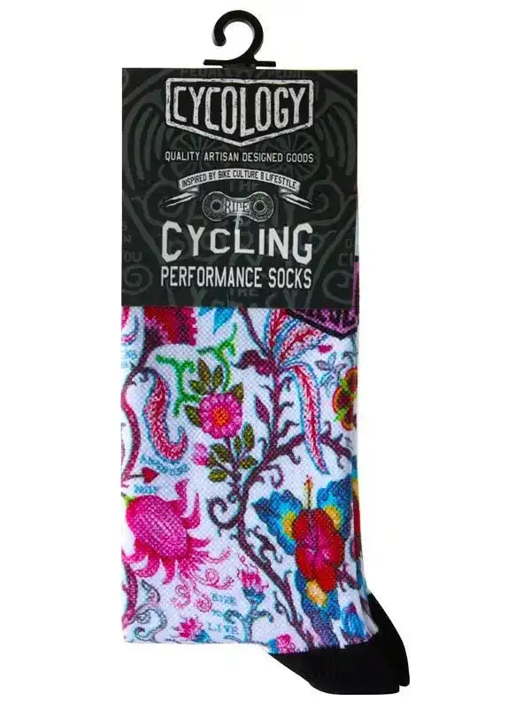 Cycling performance socks with vibrant floral pattern, artisan-designed for bike culture