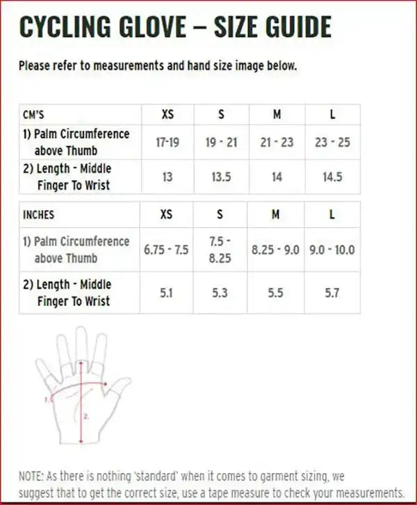Cycling glove size guide with hand measurements in cm and inches for accurate fit